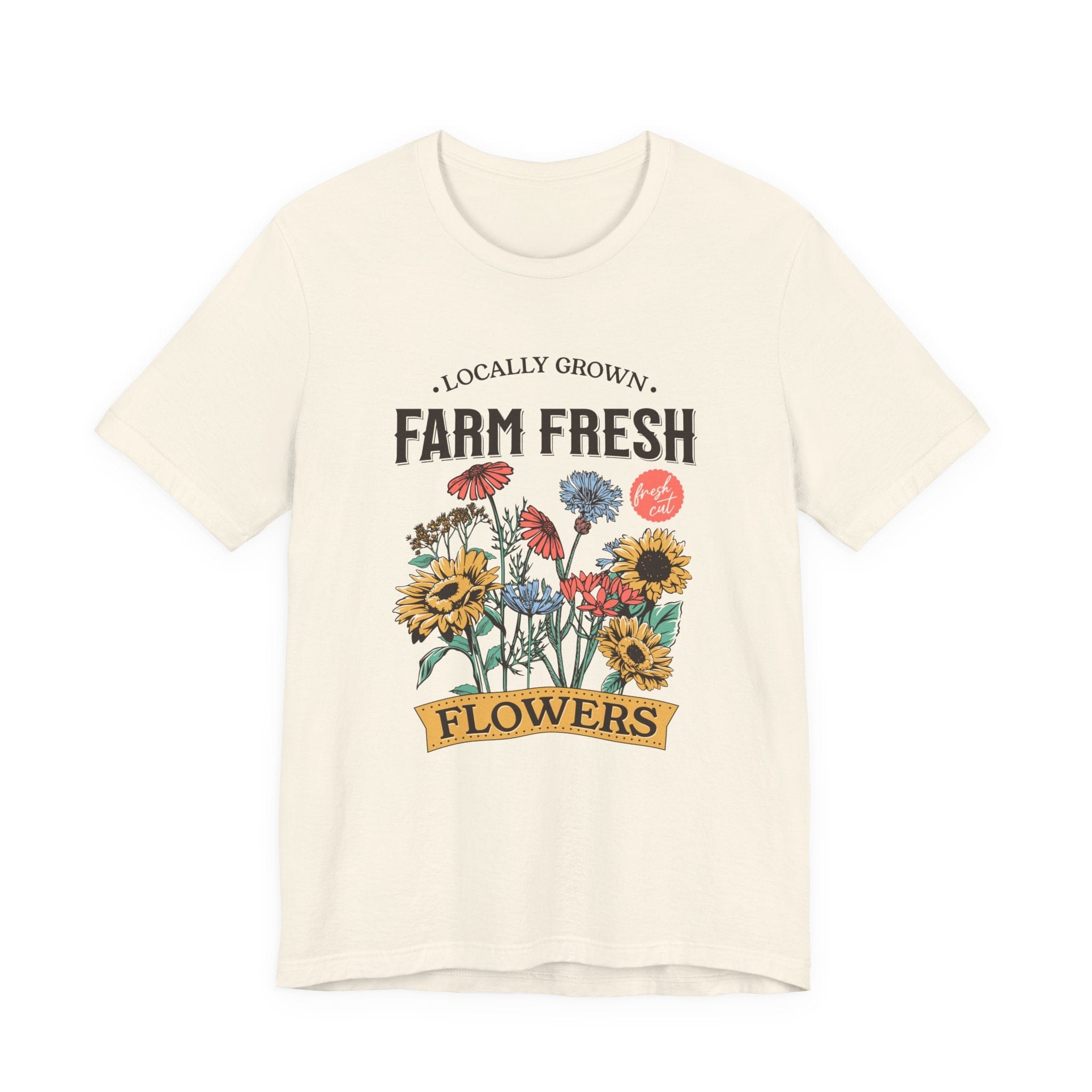 Beige t-shirt with floral design and text on a white background