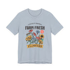Light blue t-shirt with 'Farm Fresh Flowers' graphic design on a white background