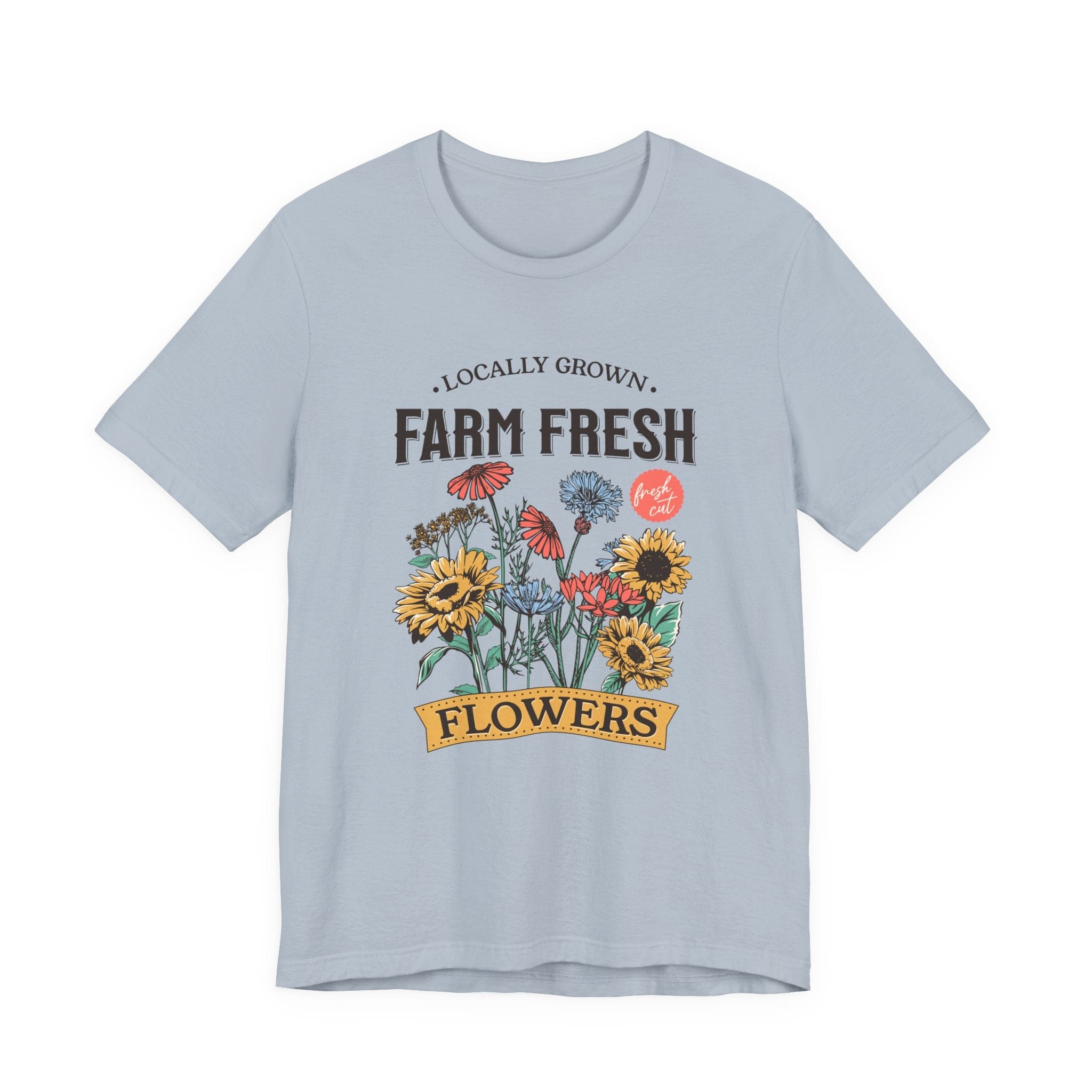 Light blue t-shirt with 'Farm Fresh Flowers' graphic design on a white background