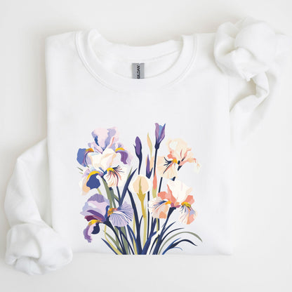 White sweatshirt with a colorful floral design on a light background