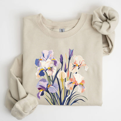 Beige sweatshirt with a colorful iris flower design on a white background
