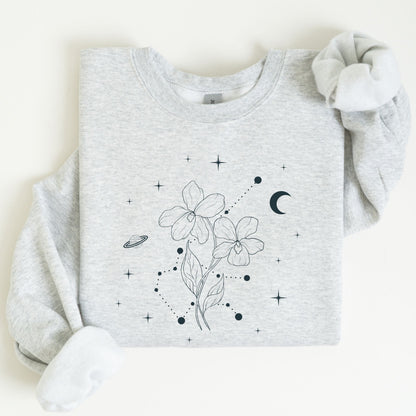 Gray sweatshirt with floral and celestial design on a white background