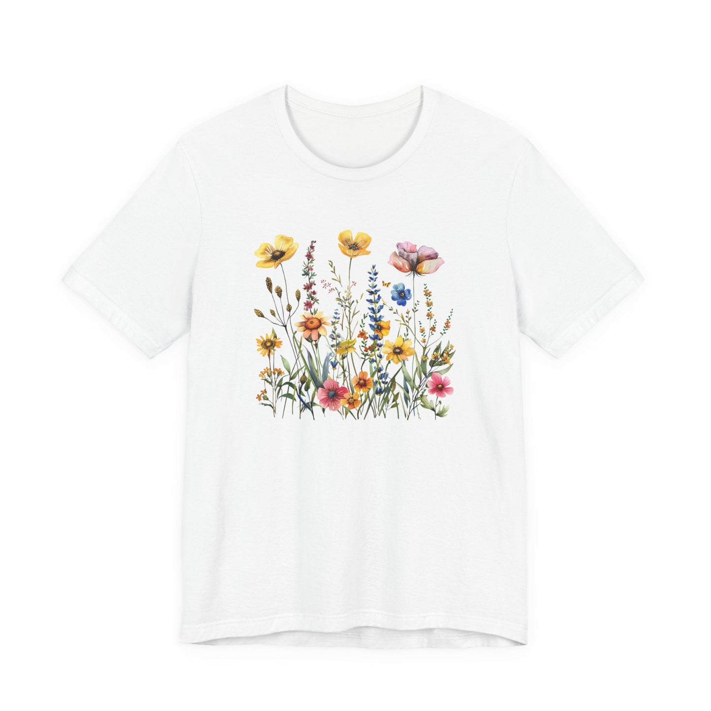 White t-shirt with a colorful floral design on a white background