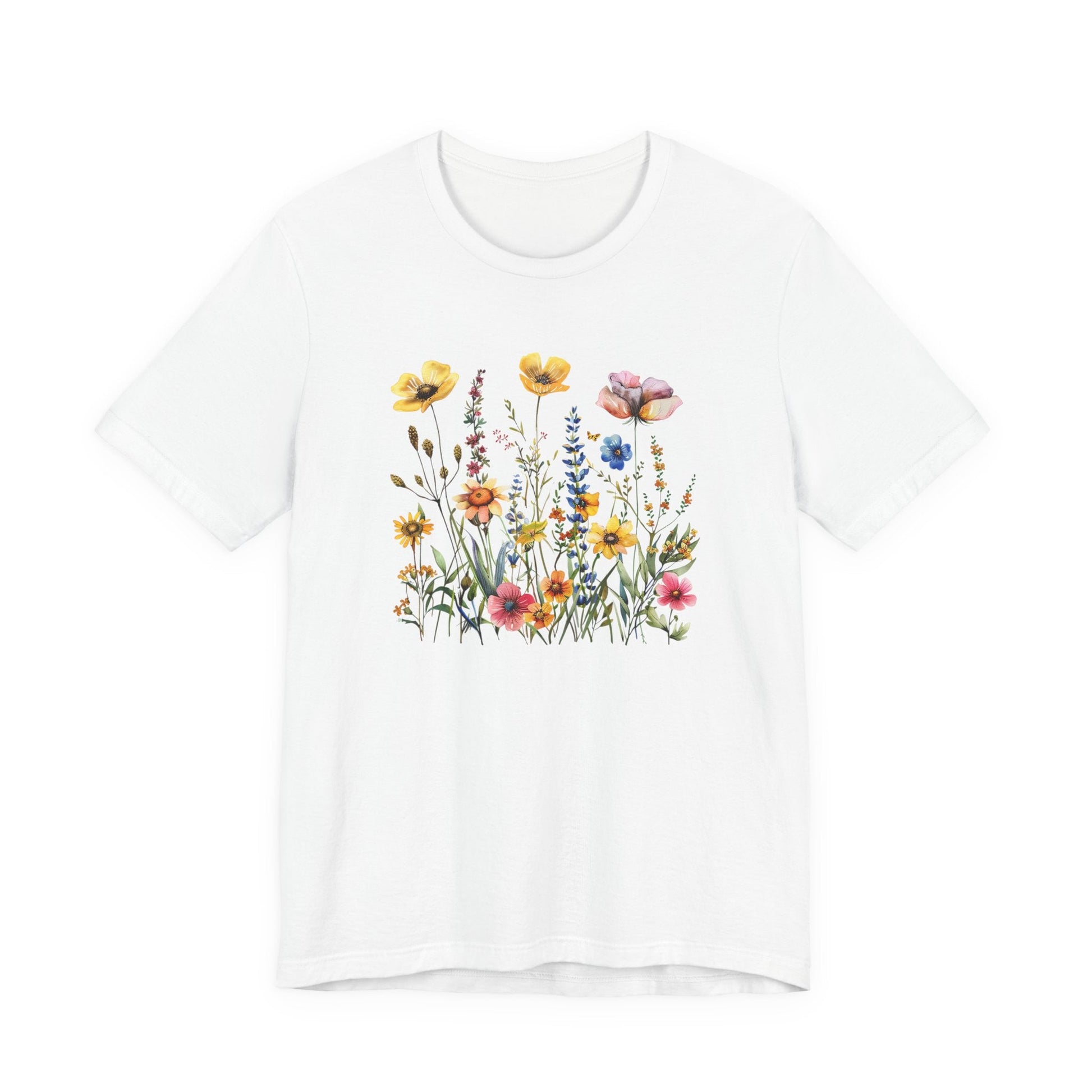 White t-shirt with a colorful floral design on a white background
