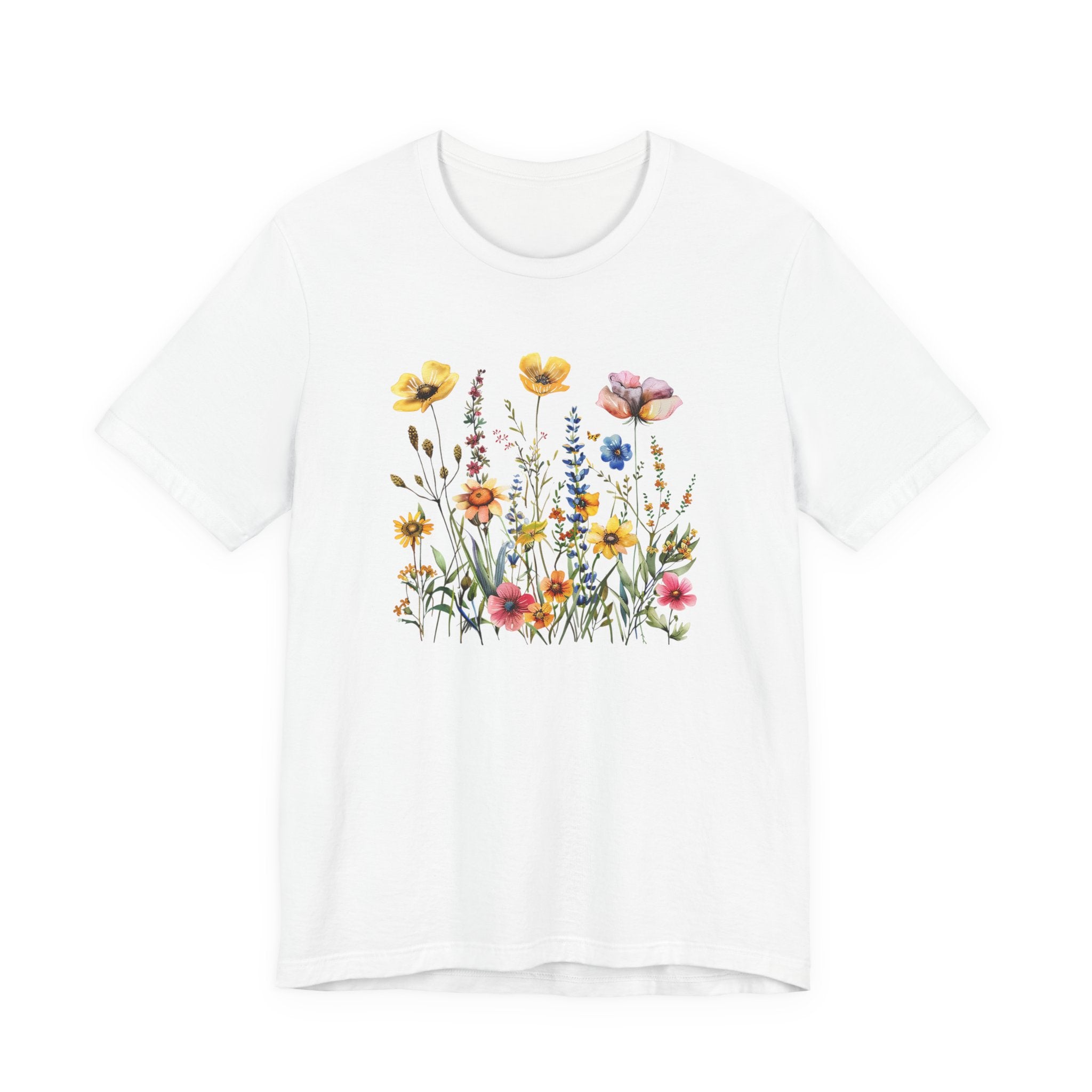White t-shirt with a colorful floral design on a white background
