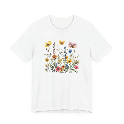 White t-shirt with a colorful floral design on a white background
