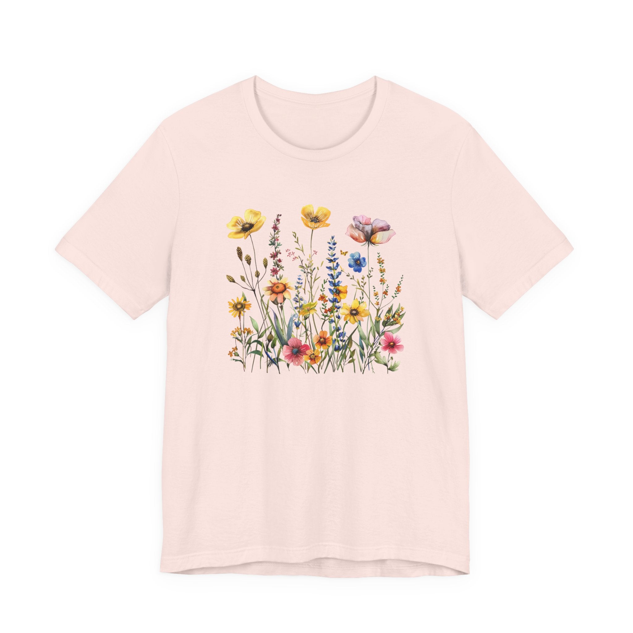 Pink t-shirt with floral design on a white background
