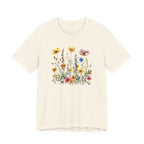 Beige t-shirt with colorful floral design on a white background