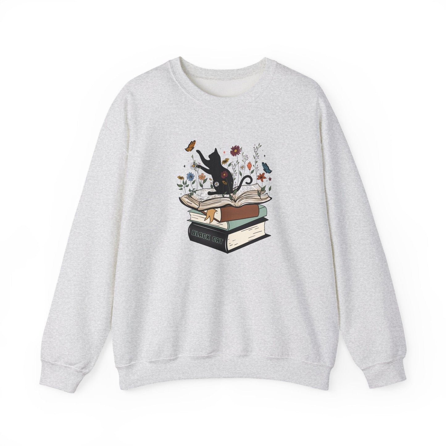 Gray sweatshirt with a black cat and books design on a white background