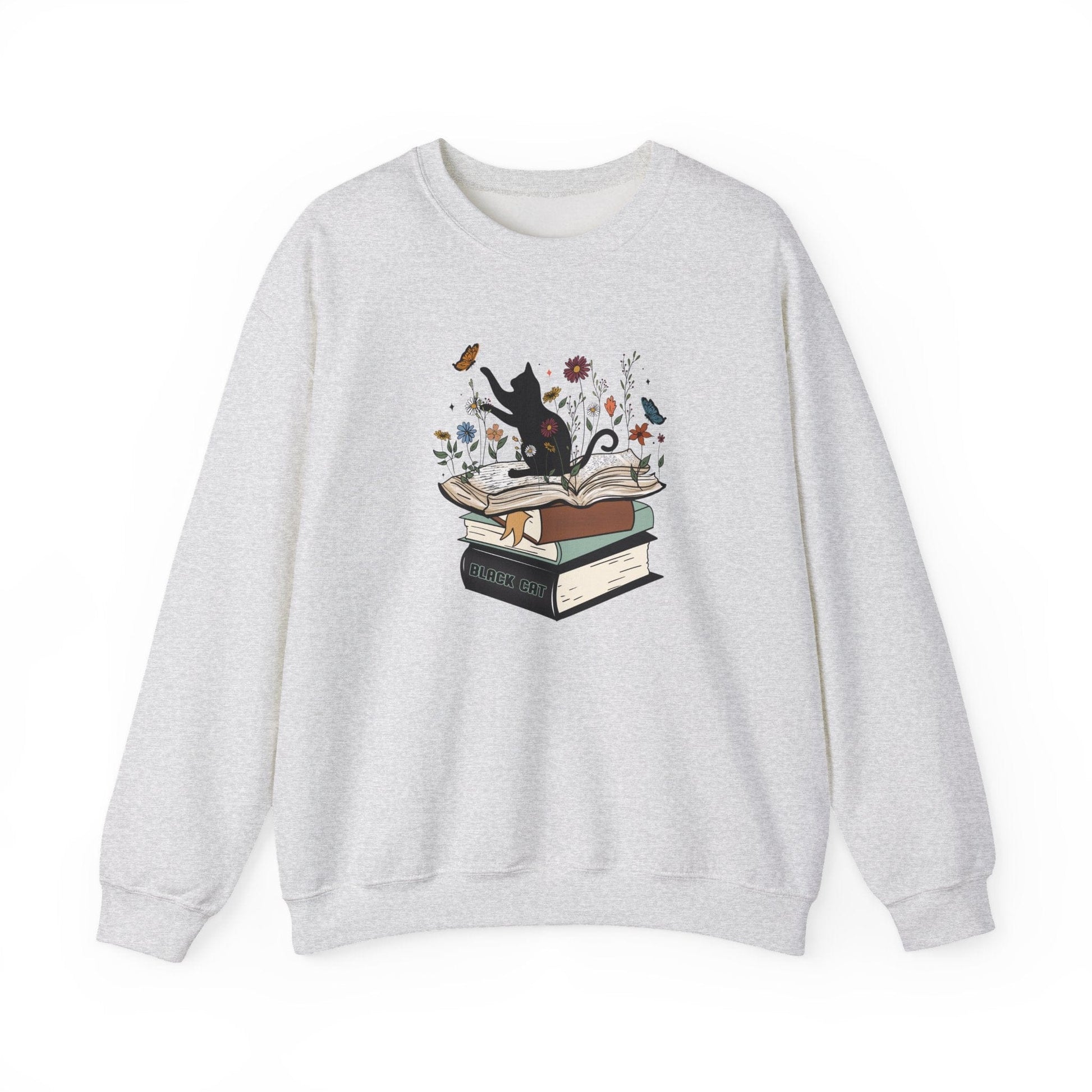 Gray sweatshirt with a black cat and books design on a white background