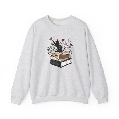 Gray sweatshirt with a black cat and books design on a white background