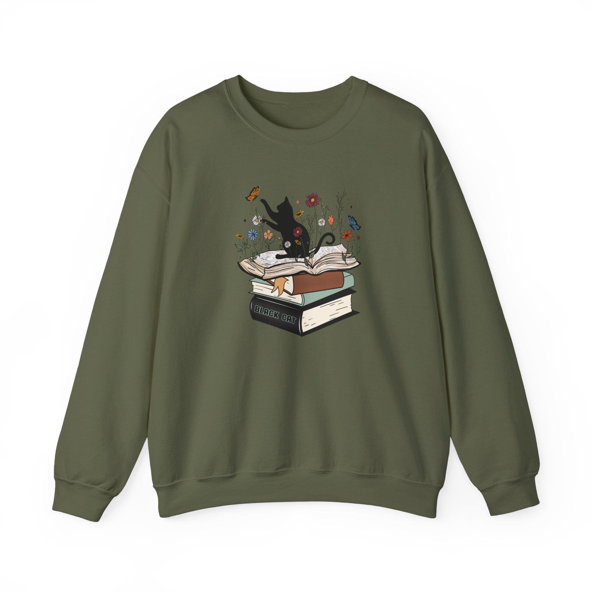 Green sweatshirt with a graphic of a cat on books and flowers on a white background