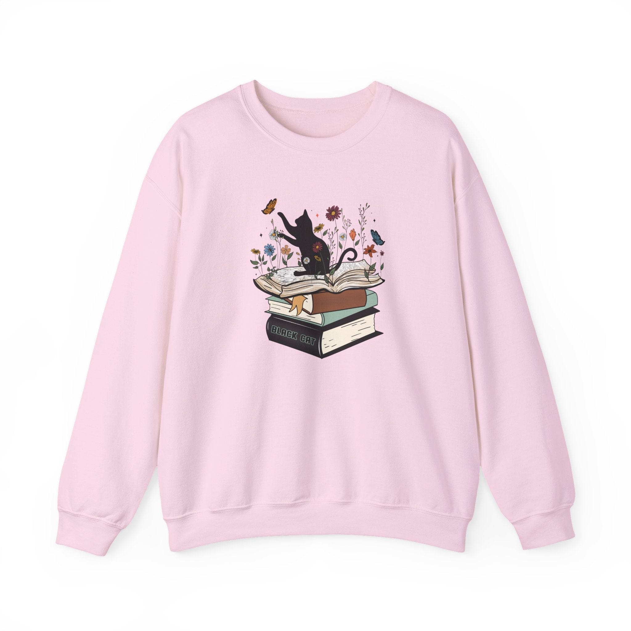Pink sweatshirt with a graphic of a cat on books and flowers on a white background