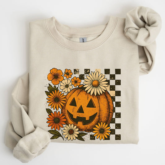 Sand sweatshirt with a pumpkin and floral design on a white background