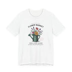 White t-shirt with 'Flower Market' graphic featuring a watering can and flowers on a white background