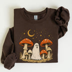 Brown sweatshirt with a ghost and mushroom design on a white background