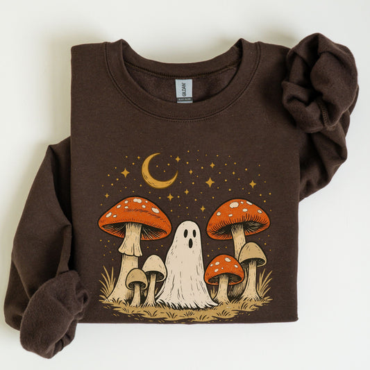 Brown sweatshirt with a ghost and mushroom design on a white background