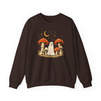 Brown sweatshirt with a graphic of mushrooms and a ghost on a white background
