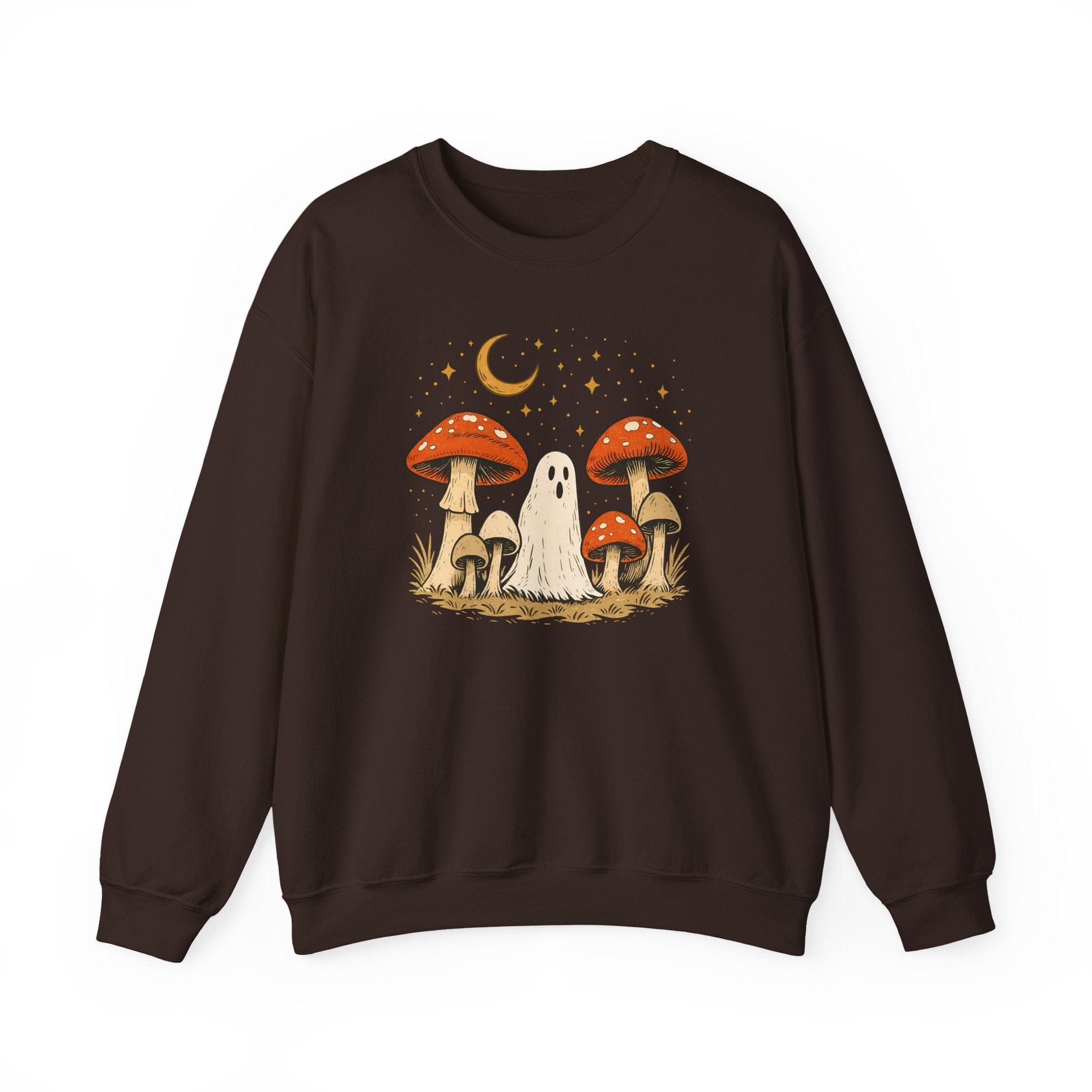 Brown sweatshirt with a graphic of mushrooms and a ghost on a white background
