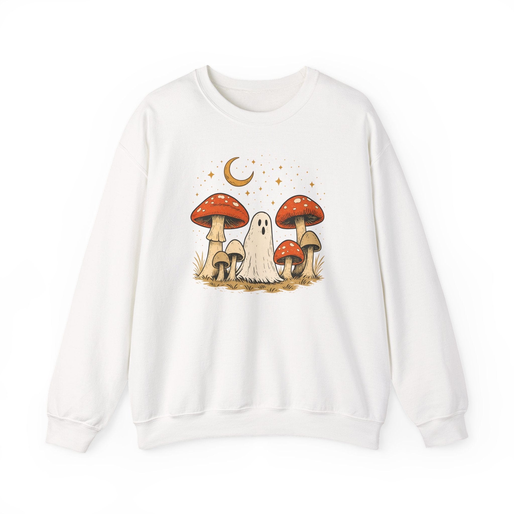 White sweatshirt with a graphic of mushrooms and a ghost on a white background