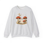 Gray sweatshirt with a graphic of mushrooms and a ghost on a white background