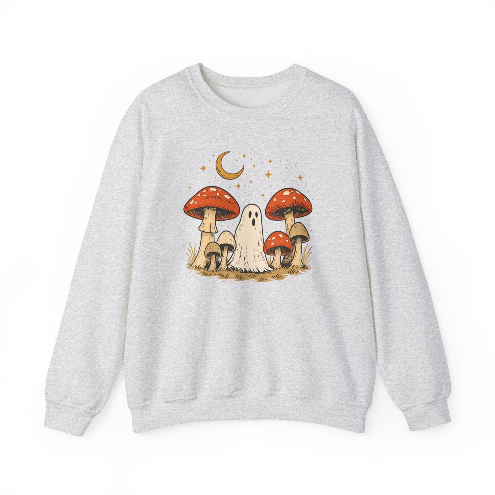 Gray sweatshirt with a graphic of mushrooms and a ghost on a white background