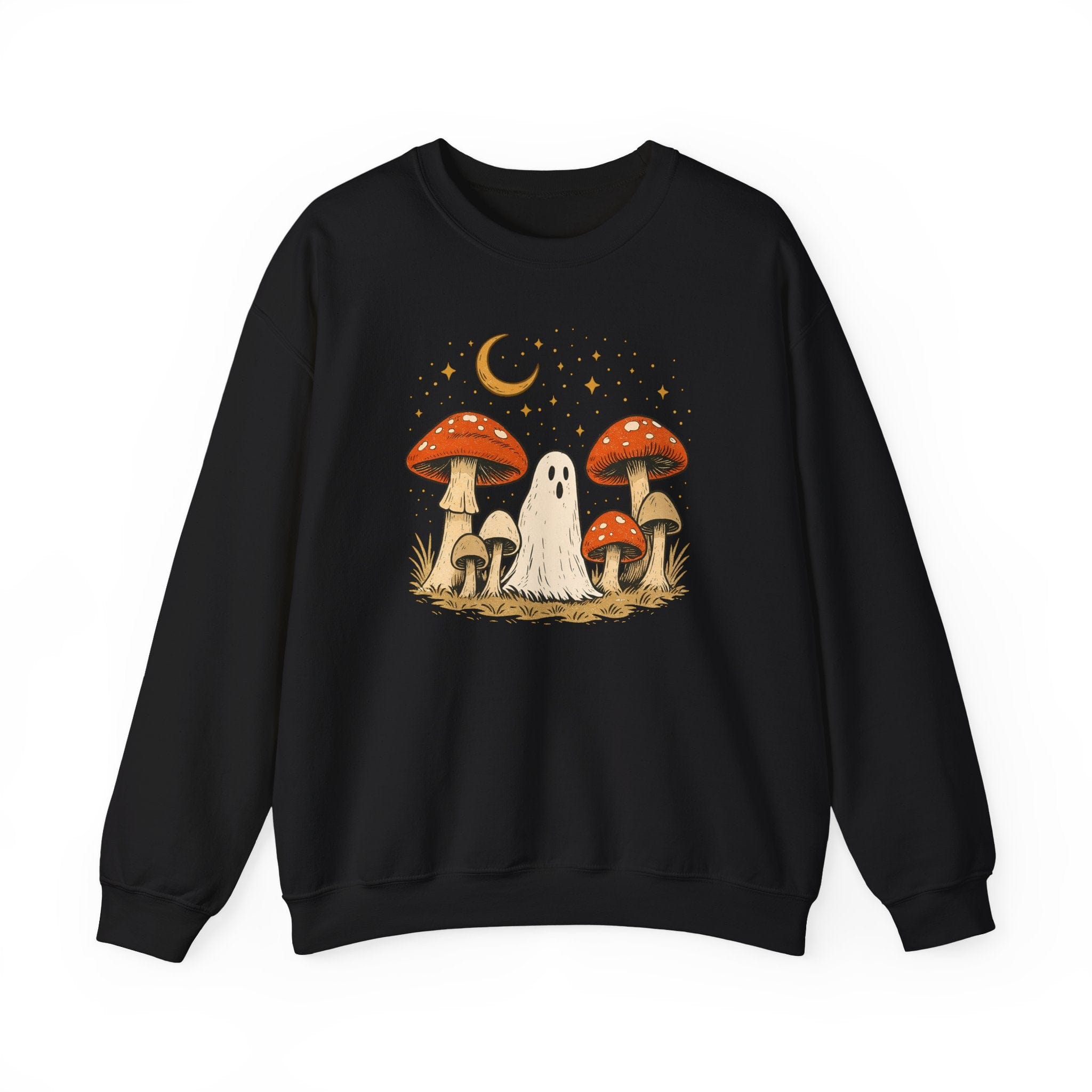 Black sweatshirt with a graphic of mushrooms and a ghost on a white background