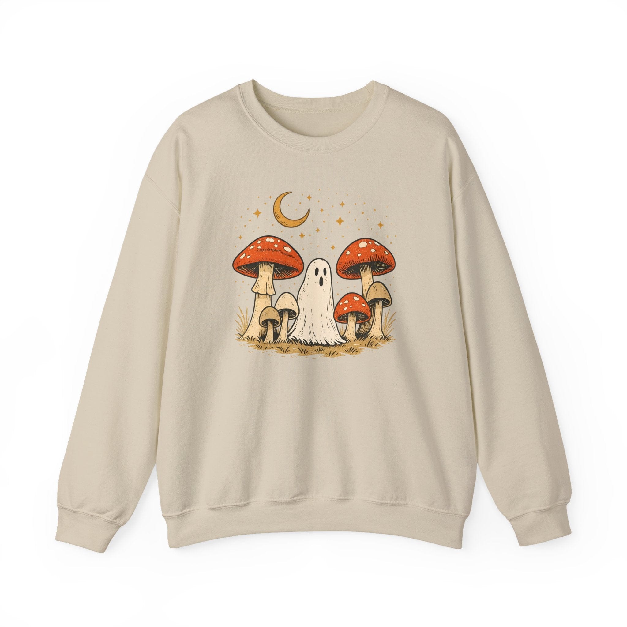 Beige sweatshirt with a graphic of mushrooms and a ghost on a white background