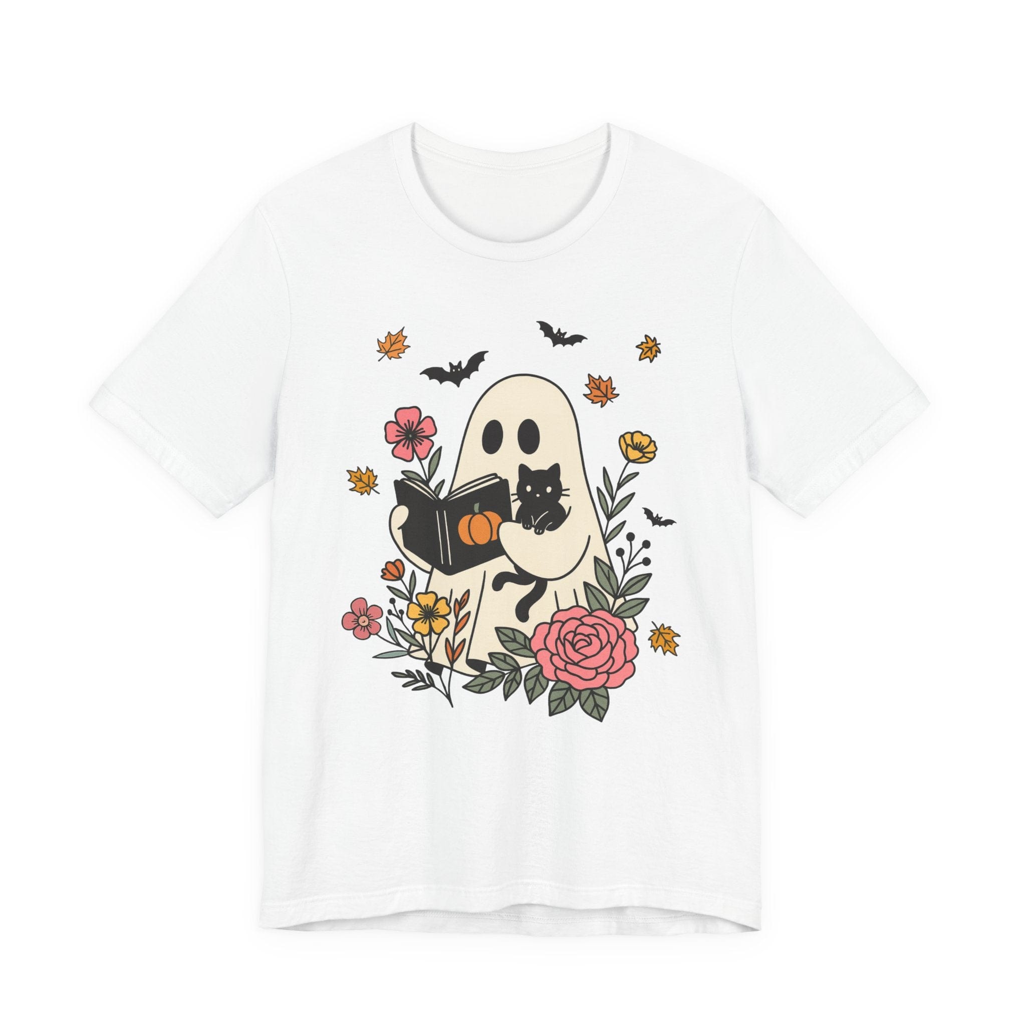 White t-shirt with a ghost reading a book and black cat design on a white background