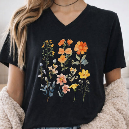 A woman wearing a black V-neck t-shirt with a colorful watercolor-style floral print on the front, paired with a beige fuzzy cardigan.