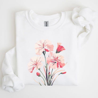 White sweatshirt with pink floral design on a light background