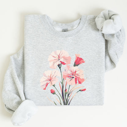 Gray sweatshirt with pink floral design on a white background