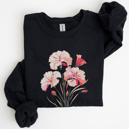 Black sweatshirt with pink floral design on a white background