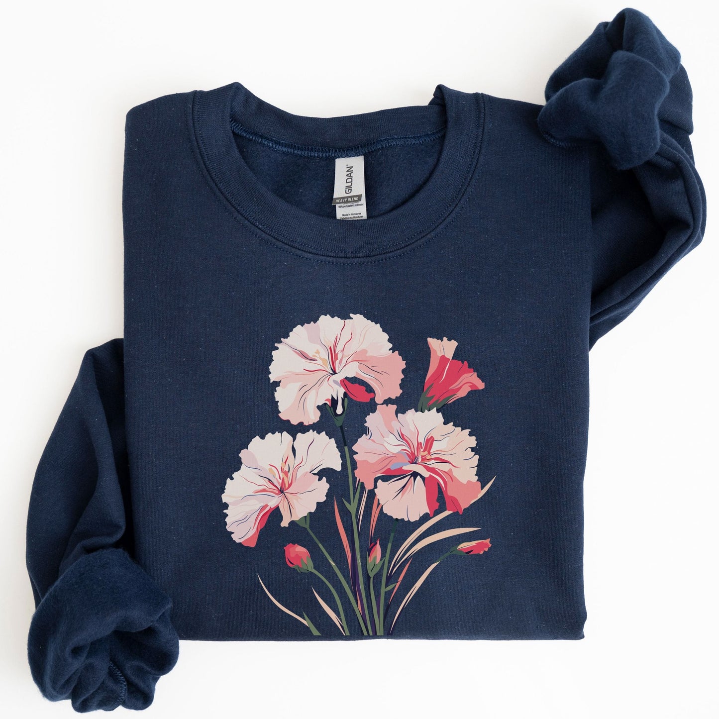 Navy blue sweatshirt with pink floral design on a white background