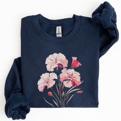 Navy blue sweatshirt with pink floral design on a white background