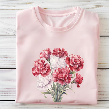 Pink t-shirt with a floral design on a wooden surface