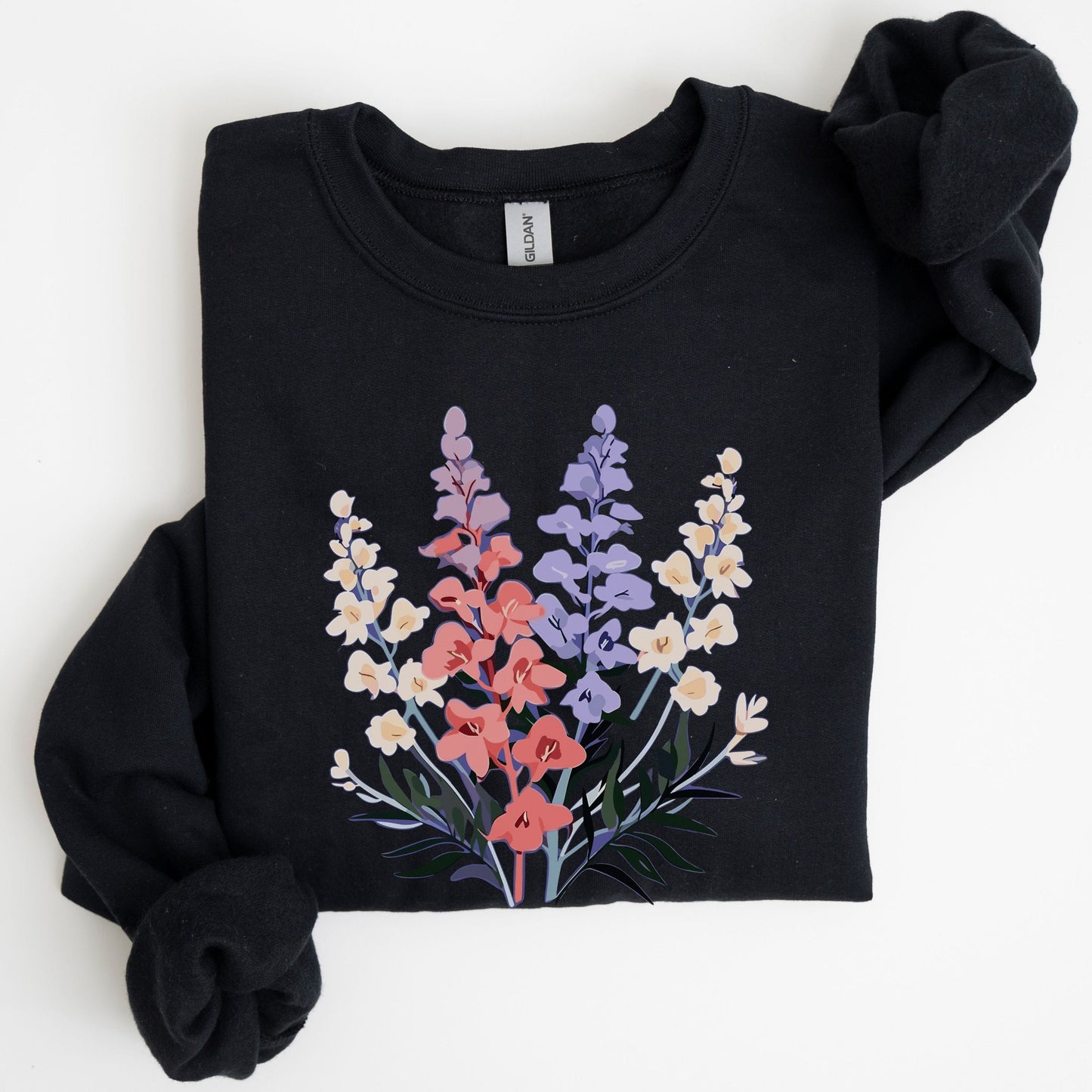 Black sweatshirt with floral design on a white background