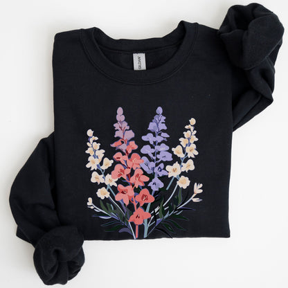 Black sweatshirt with floral design on a white background