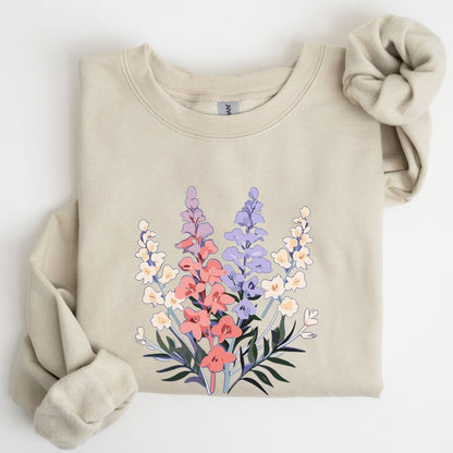 Beige sweatshirt with floral design on a white background