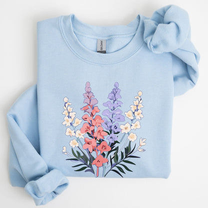 Light blue sweatshirt with floral design on a white background