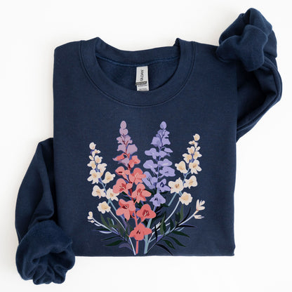 Navy blue sweatshirt with floral design on a white background