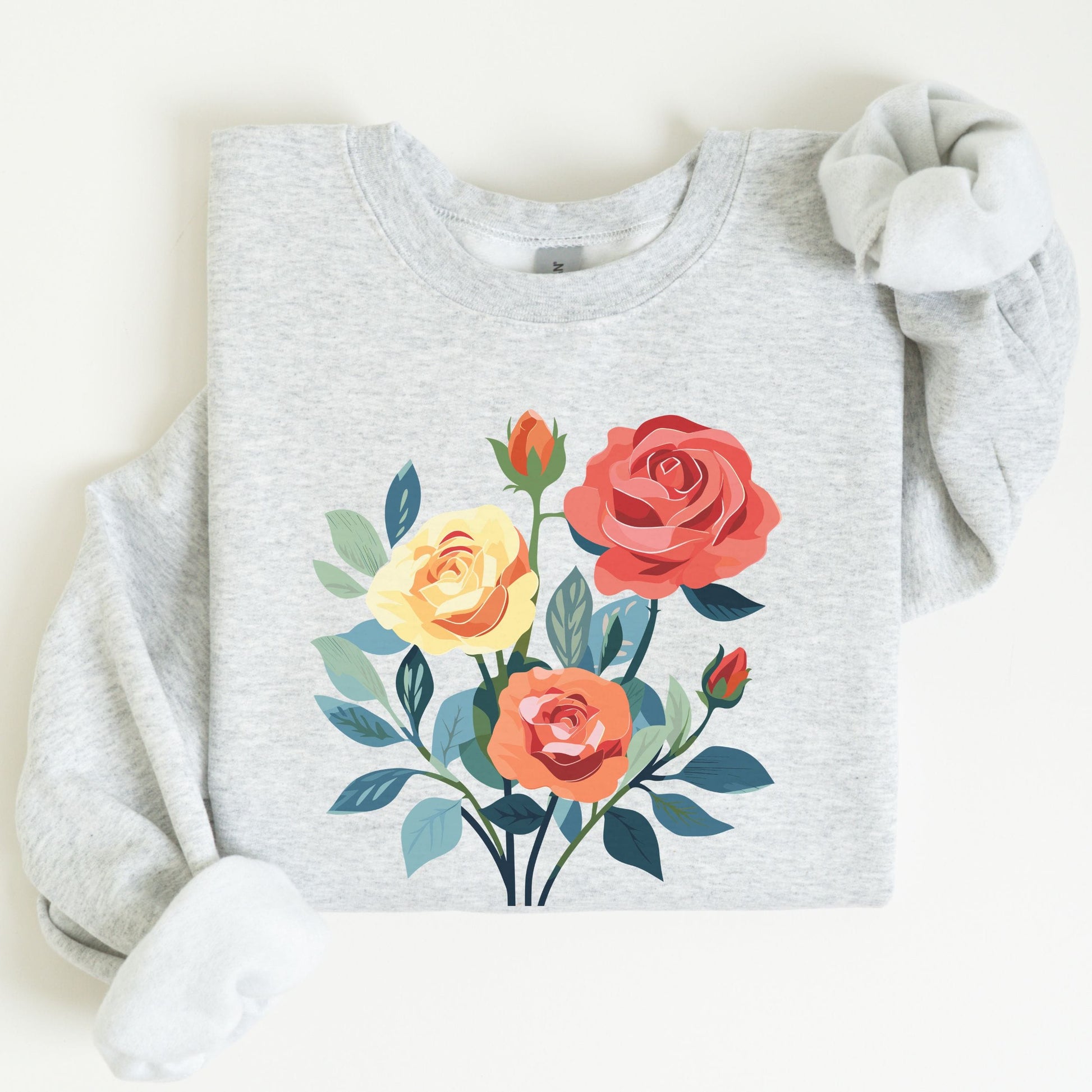 Gray sweatshirt with colorful floral design on a white background