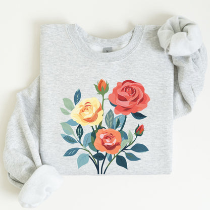 Gray sweatshirt with colorful floral design on a white background