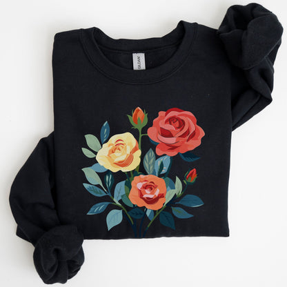 Black sweatshirt with floral design on a white background