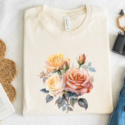Beige t-shirt with floral design on a white surface
