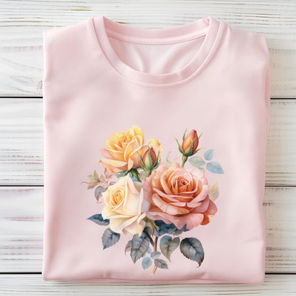 Pink t-shirt with floral design on a wooden surface