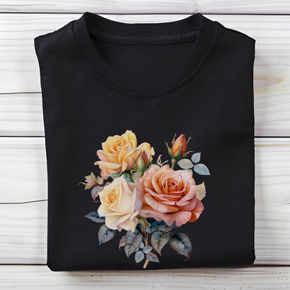 Black t-shirt with floral design on a wooden surface