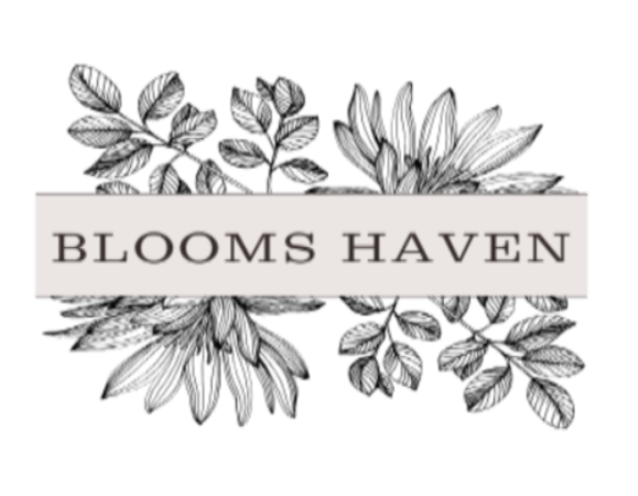 Logo for 'Blooms Haven' with decorative floral elements on a white background