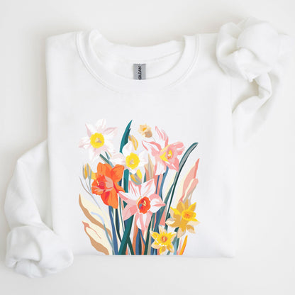 White sweatshirt with floral design on a light background