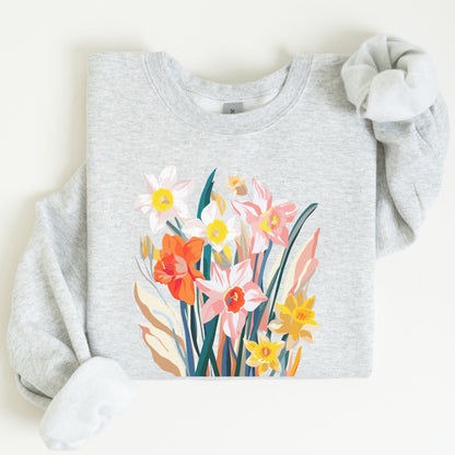 Gray sweatshirt with colorful floral design on a white background